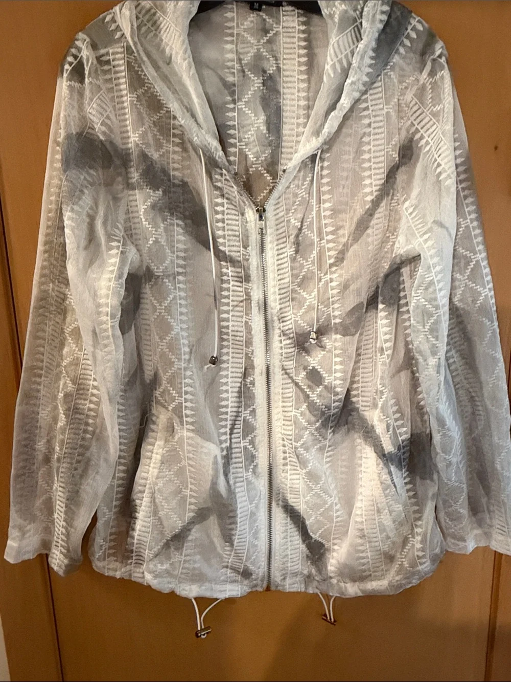 Papa Vancouver Women’s Lightweight Embroidered Sheer Hooded Jacket White Medium